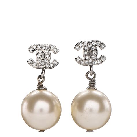 chanel crystal pearl cc drop earrings silver|chanel cc earrings original.